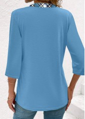 Light Blue tops,Plaid tops,Geometric tops,Striped tops,ROTITA Plaid Light Blue Square Neck Fake Two Piece Twinset