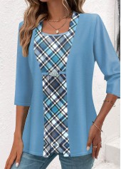 Light Blue tops,Plaid tops,Geometric tops,Striped tops,ROTITA Plaid Light Blue Square Neck Fake Two Piece Twinset