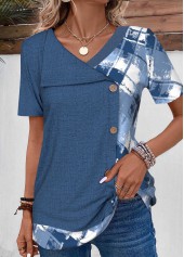 ROTITA Patchwork Geometric Print Denim Blue T Shirt