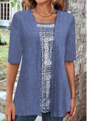 Dusty Blue tops,Tribal tops,ROTITA Fake 2in1 Tribal Print Dusty Blue T Shirt