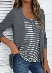 Dark Grey Marl tops,Striped tops,Geometric tops,ROTITA Striped Dark Grey Marl Fake Two Piece Twinset