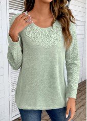 Sage Green tops,Plain Color tops,ROTITA Sage Green Round Neck Patchwork Long Sleeve T Shirt