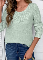 Sage Green tops,Plain Color tops,ROTITA Sage Green Round Neck Patchwork Long Sleeve T Shirt