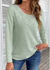 Sage Green tops,Plain Color tops,ROTITA Sage Green Round Neck Patchwork Long Sleeve T Shirt