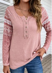 Pink tops,Tribal tops,Geometric tops,Striped tops,ROTITA Lace Tribal Print Pink Round Neck T Shirt