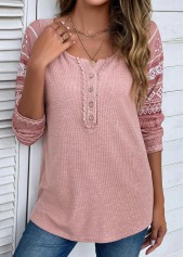 ROTITA Lace Tribal Print Pink Round Neck T Shirt