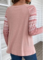 Pink tops,Tribal tops,Geometric tops,Striped tops,ROTITA Lace Tribal Print Pink Round Neck T Shirt