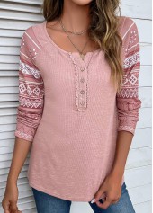 Pink tops,Tribal tops,Geometric tops,Striped tops,ROTITA Lace Tribal Print Pink Round Neck T Shirt