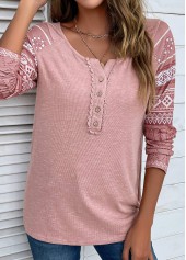 Pink tops,Tribal tops,Geometric tops,Striped tops,ROTITA Lace Tribal Print Pink Round Neck T Shirt