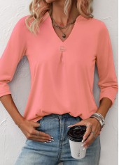 Pink tops,Plain Color tops,ROTITA Circular Ring Pink Split Neck T Shirt