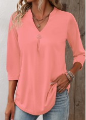 Pink tops,Plain Color tops,ROTITA Circular Ring Pink Split Neck T Shirt