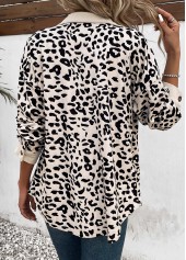 Beige tops,Black tops,Leopard tops,Animal Print tops,Patchwork Leopard Beige Shirt Collar Long Sleeve Coat