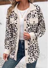 Beige tops,Black tops,Leopard tops,Animal Print tops,Patchwork Leopard Beige Shirt Collar Long Sleeve Coat