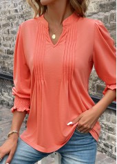 Coral tops,Plain Color tops,Smocked Coral Split Neck Long Sleeve T Shirt