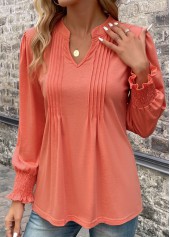 Coral tops,Plain Color tops,Smocked Coral Split Neck Long Sleeve T Shirt