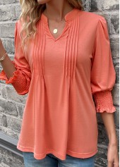 Coral tops,Plain Color tops,Smocked Coral Split Neck Long Sleeve T Shirt