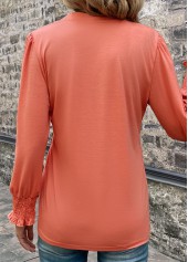 Coral tops,Plain Color tops,Smocked Coral Split Neck Long Sleeve T Shirt