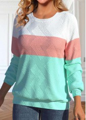 Light Pink tops,Mint Green tops,White tops,Contrast Color tops,ROTITA Patchwork Light Pink Round Neck Long Sleeve Sweatshirt