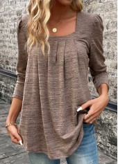 Light Coffee tops,Plain Color tops,Pleated Square Neck Long Sleeve Light Coffee T Shirt
