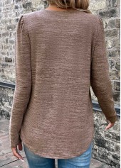 Light Coffee tops,Plain Color tops,Pleated Square Neck Long Sleeve Light Coffee T Shirt