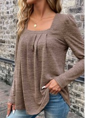 Light Coffee tops,Plain Color tops,Pleated Square Neck Long Sleeve Light Coffee T Shirt