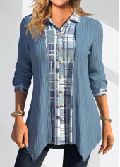 Rotita-Patchwork-Bluse mit geometrischem Print in staubblauem Hemdkragen