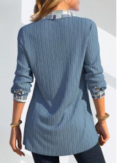 Dusty Blue tops,Geometric tops,Striped tops,ROTITA Patchwork Geometric Print Dusty Blue Shirt Collar Blouse