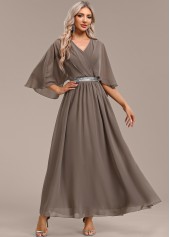 Gray Brown dresses,Plain Color dresses,Party dresses,Elegant dresses,ROTITA Surplice Gray Brown Maxi V Neck Half Sleeve Dress