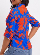 Sky Blue tops,Red tops,Plants tops,Button Leaf Print Sky Blue Shirt Collar Blouse