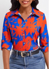 Sky Blue tops,Red tops,Plants tops,Button Leaf Print Sky Blue Shirt Collar Blouse