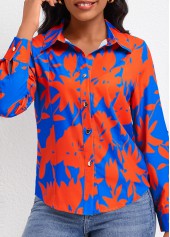 Sky Blue tops,Red tops,Plants tops,Button Leaf Print Sky Blue Shirt Collar Blouse