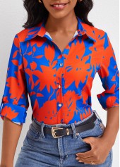 Sky Blue tops,Red tops,Plants tops,Button Leaf Print Sky Blue Shirt Collar Blouse