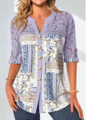 Rotita Patchwork-Bluse mit 3/4-Ärmeln und Schlitzkragen in Staubviolett