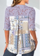 Dusty Purple tops,Tribal tops,Geometric tops,Striped tops,Floral tops,ROTITA Patchwork Dusty Purple Split Neck 3/4 Sleeve Blouse