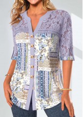 Dusty Purple tops,Tribal tops,Geometric tops,Striped tops,Floral tops,ROTITA Patchwork Dusty Purple Split Neck 3/4 Sleeve Blouse