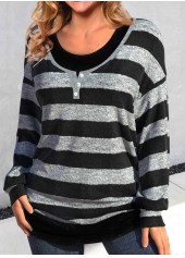 Black tops,Grey tops,Striped tops,ROTITA Fake 2in1 Striped Black Scoop Neck T Shirt