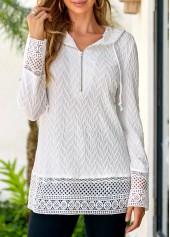 White tops,Plain Color tops,ROTITA Lace Drawstring White Long Sleeve Hoodie