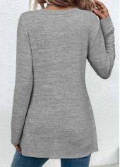 Grey tops,Black tops,Contrast Color tops,ROTITA Asymmetry Grey Round Neck Long Sleeve T Shirt