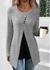 Grey tops,Black tops,Contrast Color tops,ROTITA Asymmetry Grey Round Neck Long Sleeve T Shirt