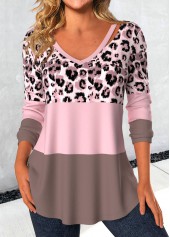 ROTITA Patchwork Leopard Light Pink V Neck T Shirt