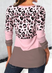 Light Pink tops,Leopard tops,Animal Print tops,ROTITA Patchwork Leopard Light Pink V Neck T Shirt