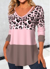 Light Pink tops,Leopard tops,Animal Print tops,ROTITA Patchwork Leopard Light Pink V Neck T Shirt