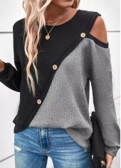 Black tops,Grey tops,Contrast Color tops,ROTITA Patchwork Black Round Neck Long Sleeve Sweatshirt