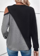 Black tops,Grey tops,Contrast Color tops,ROTITA Patchwork Black Round Neck Long Sleeve Sweatshirt