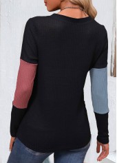 Black tops,Contrast Color tops,ROTITA Patchwork Black V Neck Long Sleeve T Shirt
