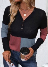 Black tops,Contrast Color tops,ROTITA Patchwork Black V Neck Long Sleeve T Shirt