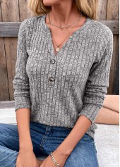 Dark Grey tops,Plain Color tops,Dark Grey Split Neck Button Long Sleeve T Shirt