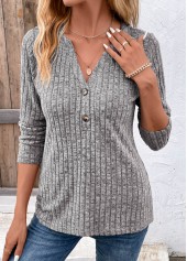 Dark Grey tops,Plain Color tops,Dark Grey Split Neck Button Long Sleeve T Shirt