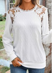 White tops,Plain Color tops,ROTITA Lace White Round Neck Long Sleeve Sweatshirt