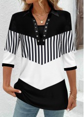 Black tops,White tops,Geometric tops,Striped tops,ROTITA Eyelet Geometric Print Black T Shirt
